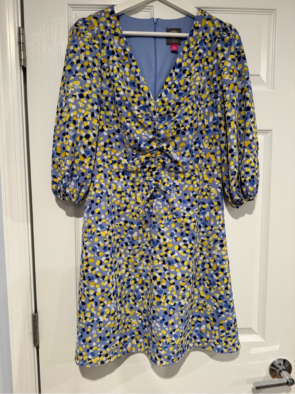 Vince Camuto Blue Yellow Navy Printed V-Neck Dress